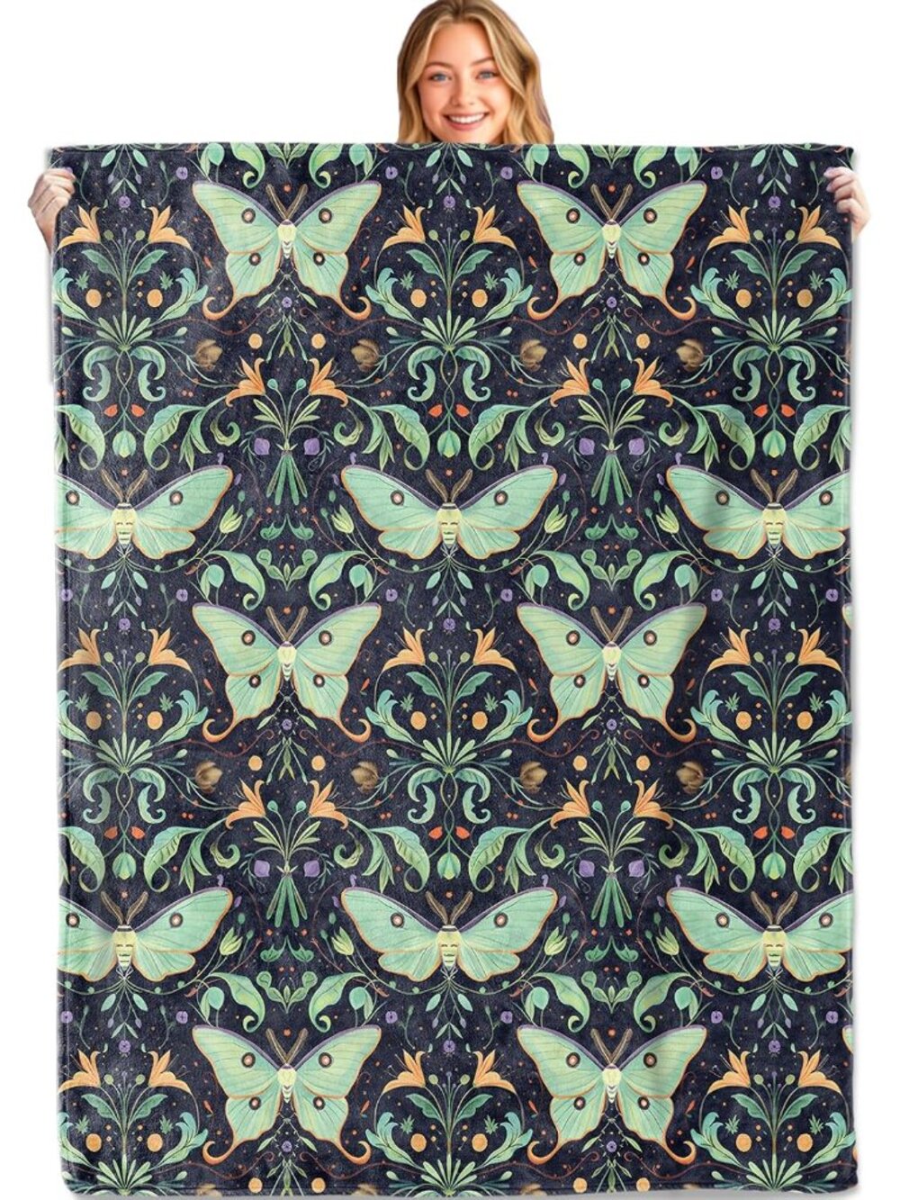 Moth Botanical Throw Blanket, 50x60in, Soft, Lightweight Flannel,Vintage Green M